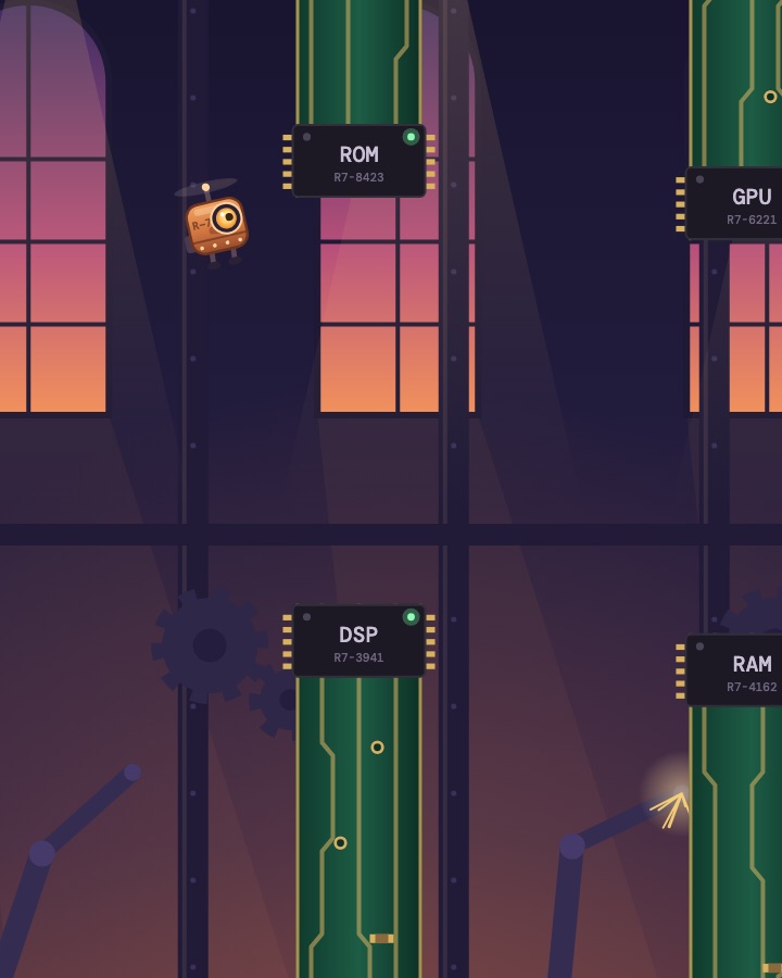 Rob the copper robot flying through a factory full of circuit-board columns